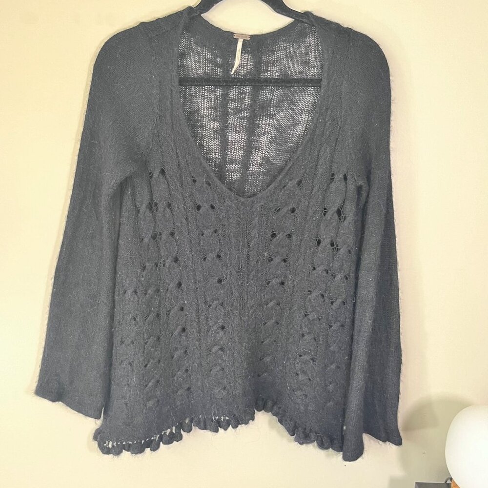 Free People Black Alpaca Blend Crocheted Pullover Sweater